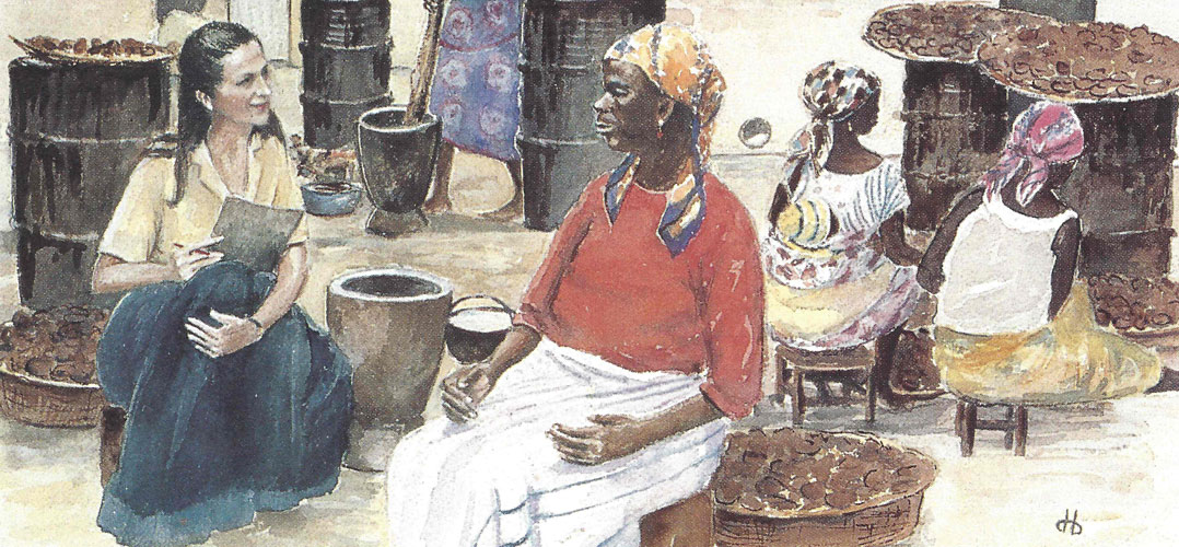 painting of Dr. Natalie Hahn interviewing woman in Nigeria