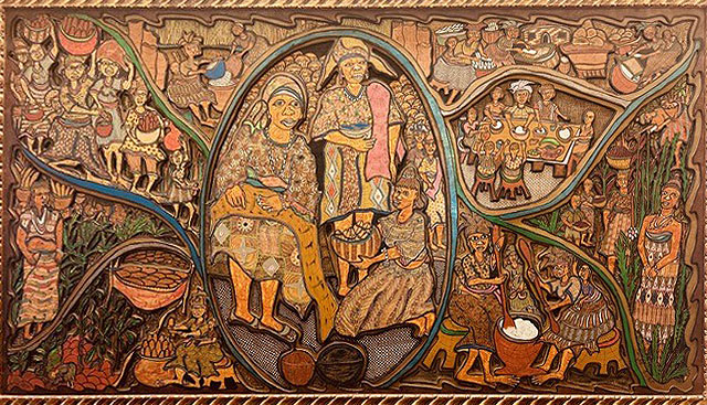 Carved wood painting depicting African woman in an agricultural field.