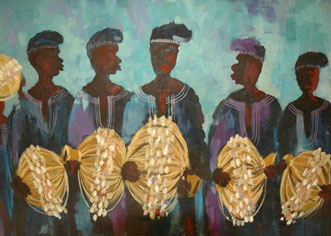 Oil painting of five men holding yellow baskets