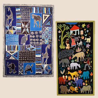 Two colorful African mapula tapestries