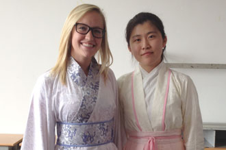 Two students wearing Japanese kimonos