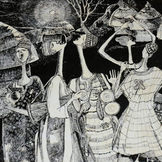 Black and white ink drawing of African women dancing