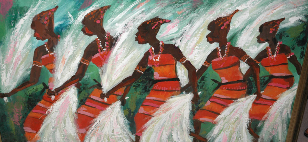 Painting of African women dancing wearing red dresses