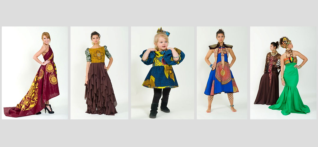 Five images of fashion design students modeling their African inspired garments