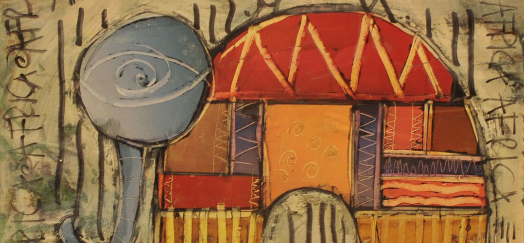 Abstract painting of African elephant with reds and orange as predominant colors